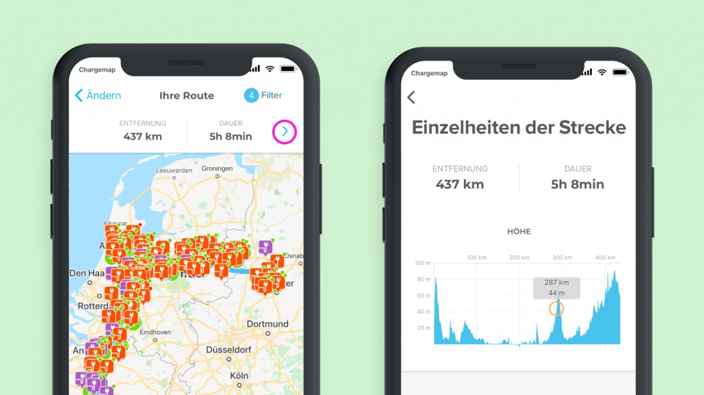 Screenshot der Applikation Chargemap, die E-Auto Fahrern mit der Suche nach passenden Ladestationen hilft.